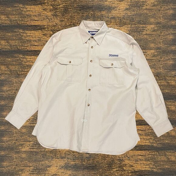 VINTAGE SIGARMS BEIGE LONG SLEEVE BUTTON SHIRT MENS LG LARGE - Picture 2 of 16